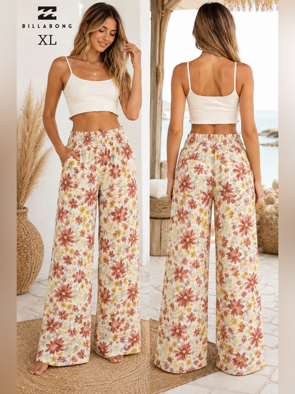 Billabong Floral Wide Leg Beach Pants Womens Sz XL Boho Festival Coastal yellow